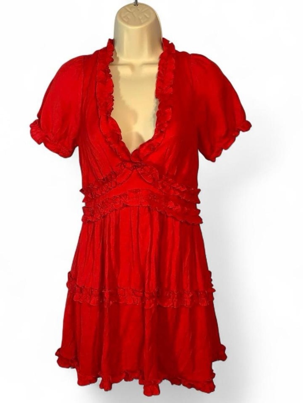 Trixxi Bold Red tiered Ruffled V-Neck mini Dress short sleeves size medium